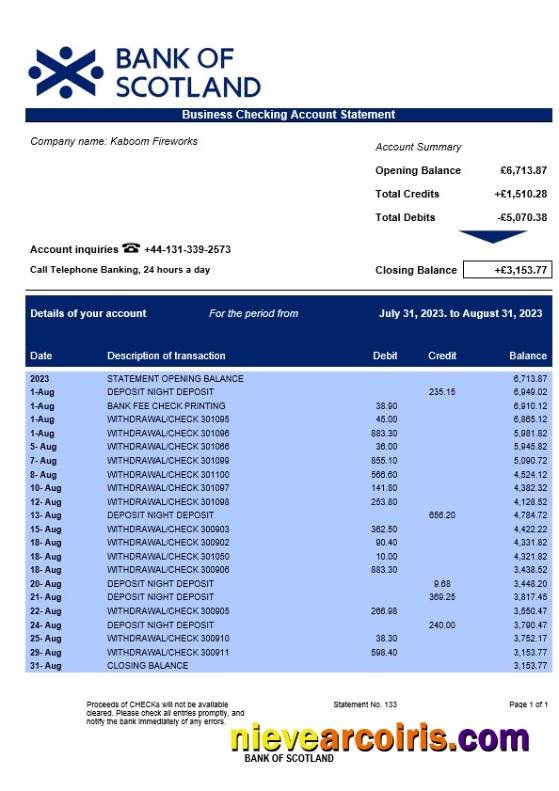 Bank of Scotland corporate checking account statement